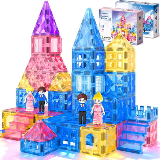 Pastel magnetic tile princess castle with diamond towers and small figurines