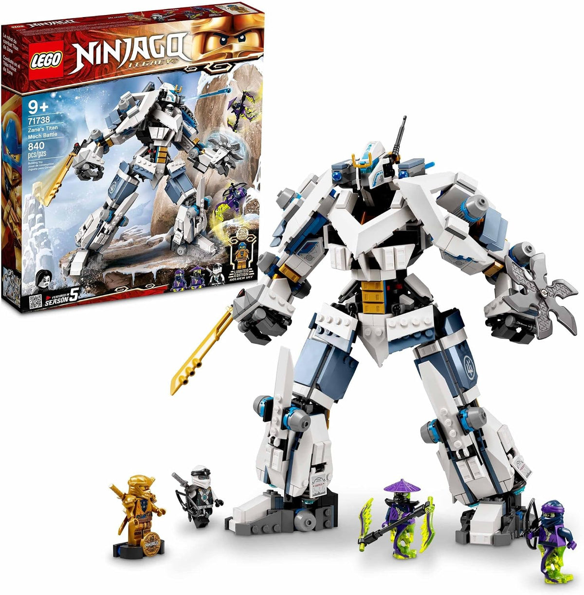 White and gold ninja mech with raised arms facing ghost warrior minifigures