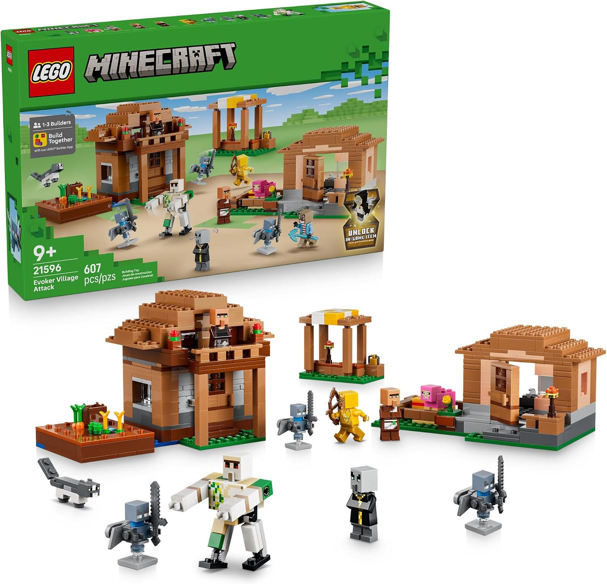 Blocky pixel-style village with library, mason's house and meeting point surrounded by figures