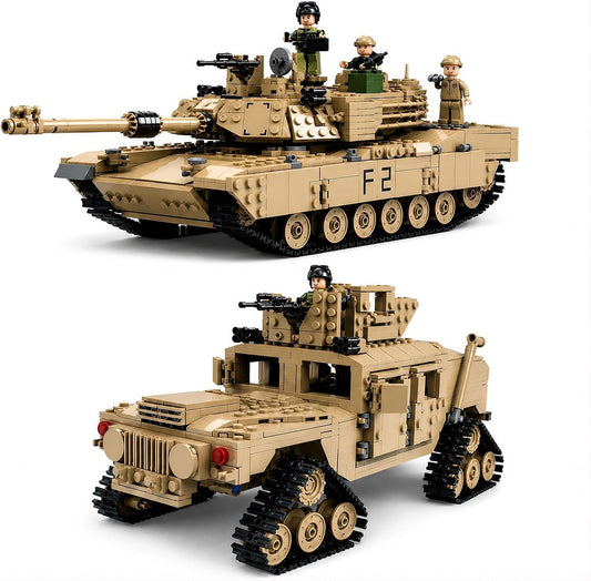 Brick-built green military tank with rotating turret and adjustable gun
