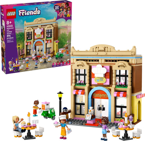 Built restaurant and cooking school brick set with mini-dolls, cat figure, scooter and food accessories