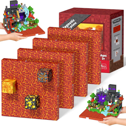 Magnetic cube forest castle with dinosaurs and a glowing orange volcano – view 9