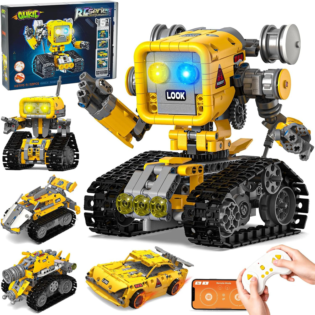 Red brick-built robot vehicle with remote control from a 5-in-1 kit