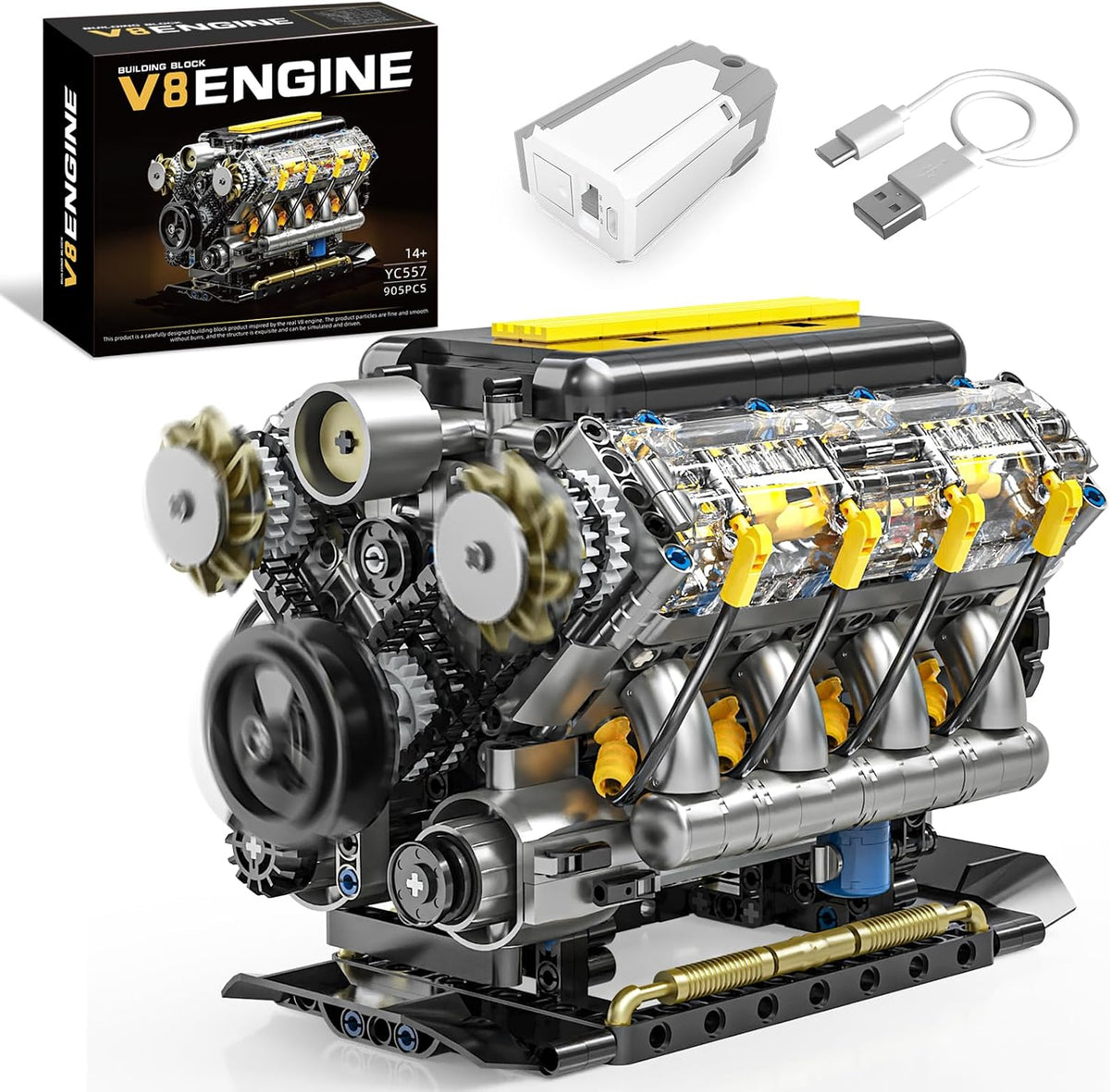 Transparent brick-built V8 engine model with visible pistons and small motor