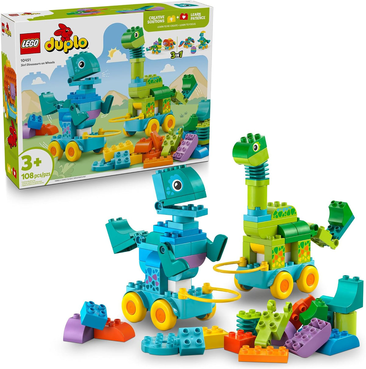 Chunky large-brick dinosaurs on wheels including a T. rex and a long-neck dinosaur