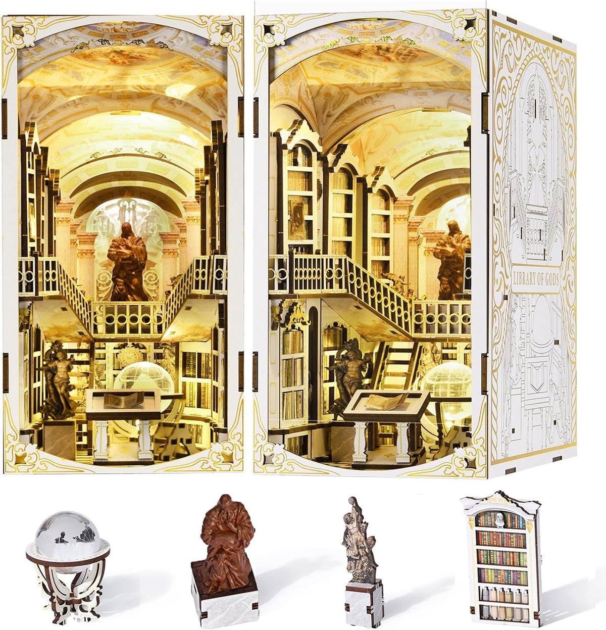 Lit fantasy castle book nook diorama standing between books on a shelf – view 20