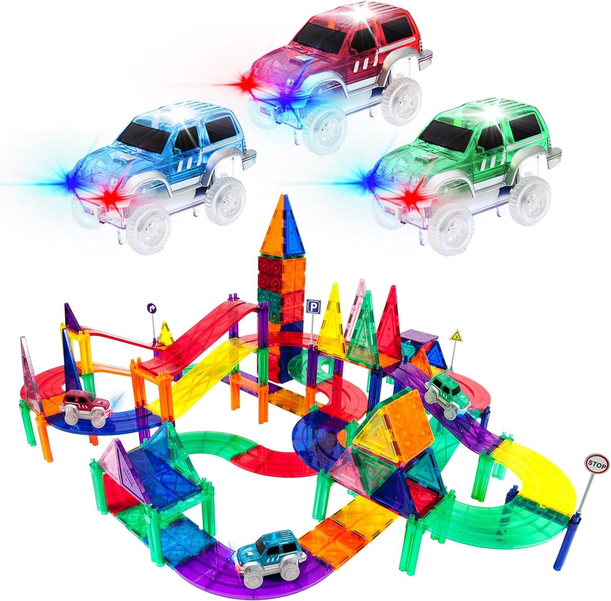 Colorful magnetic tile ramp race track with a small toy car rolling down – view 3