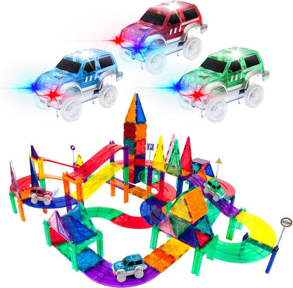 Colorful magnetic tile ramp race track with a small toy car rolling down – view 3
