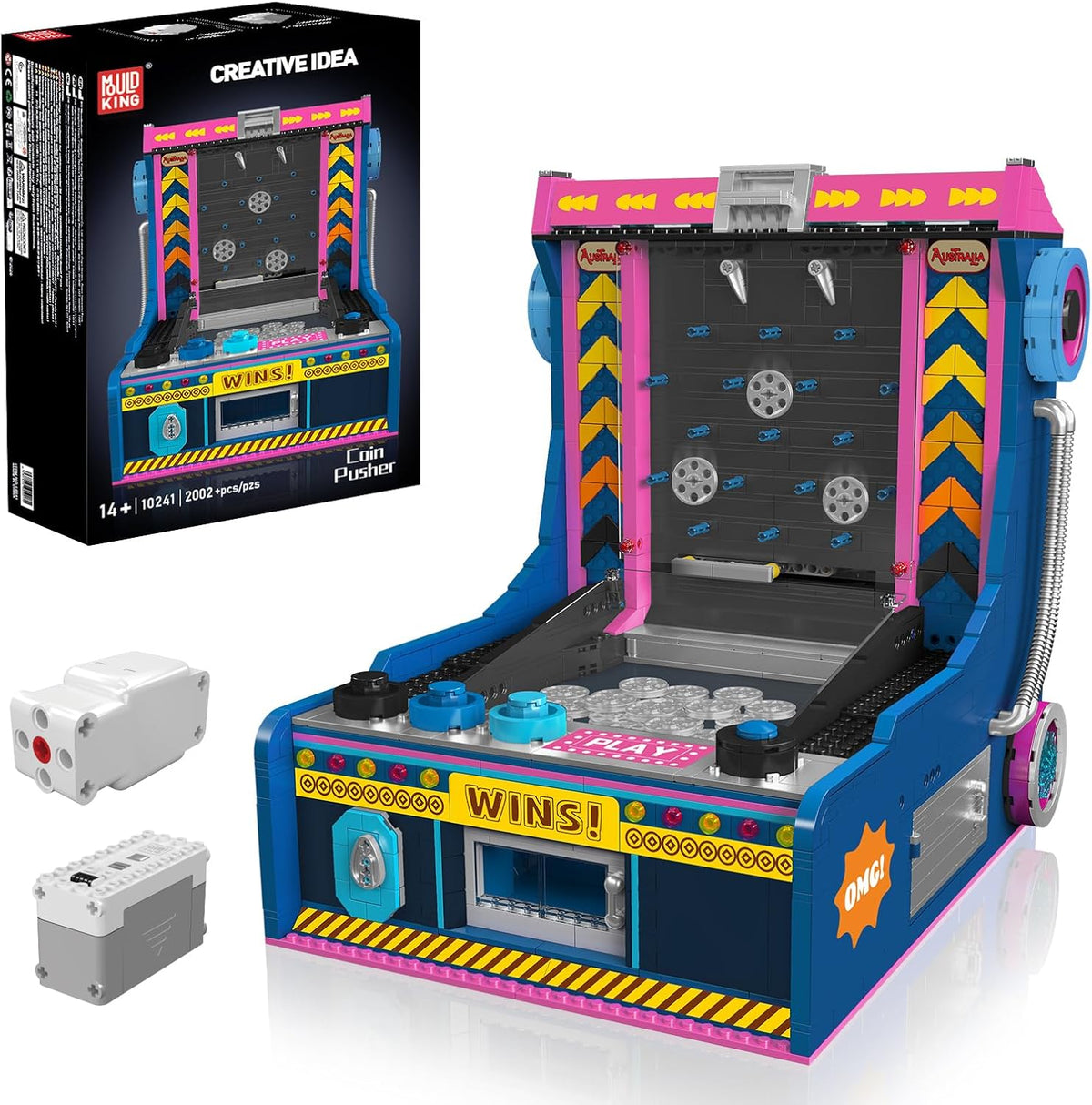 Brick-built coin pusher arcade machine with glass front, coin shelves and colorful cabinet