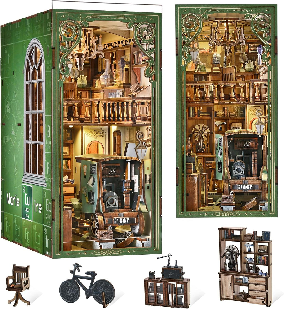 Lit fantasy castle book nook diorama standing between books on a shelf – view 12