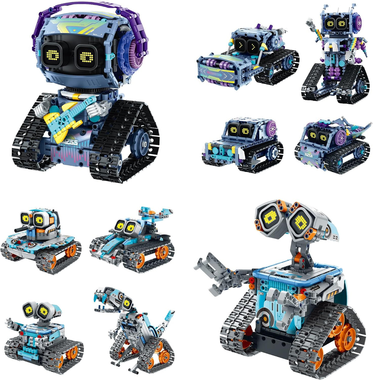 Walking robot built from colorful pieces with digital expression eyes next to a remote