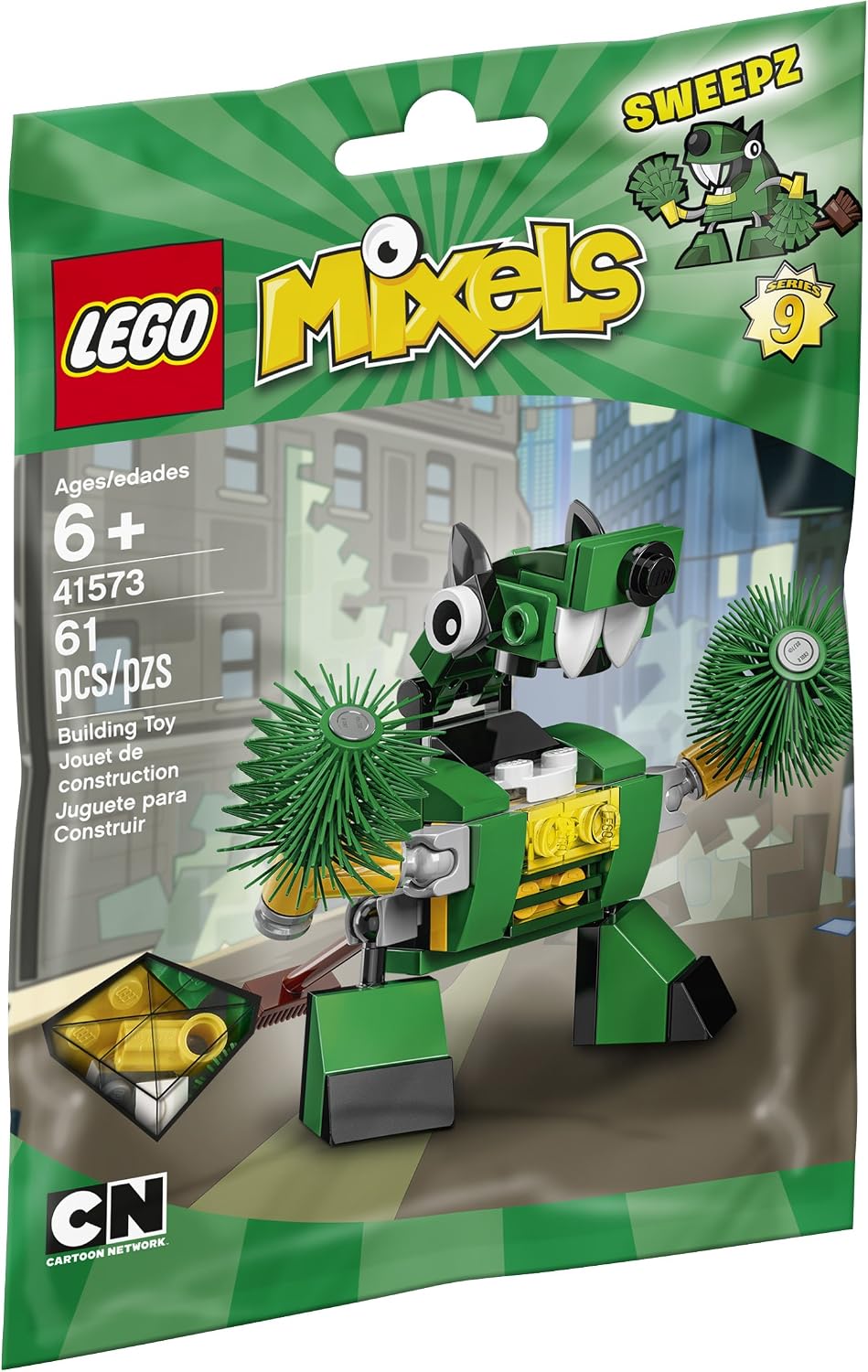 Small brick-built creature with rotating brush hands and broom tail