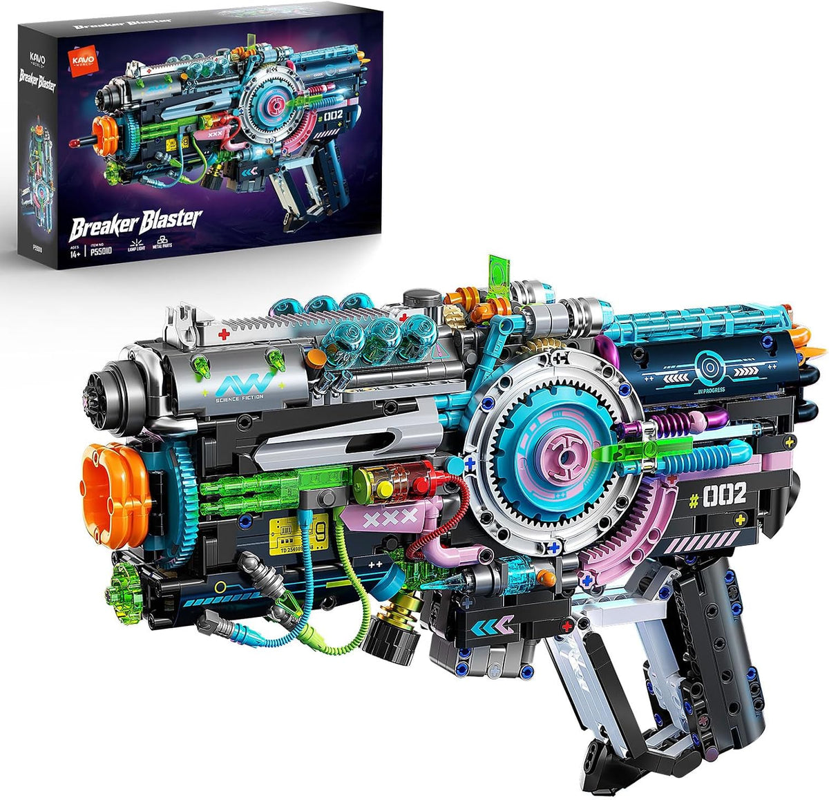 Brick-built cyberpunk blaster with exposed gears and glowing LED chassis