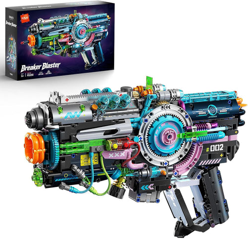 Brick-built cyberpunk blaster with exposed gears and glowing LED chassis