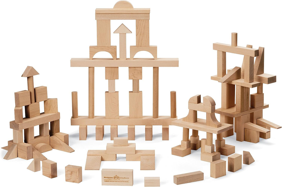 Unfinished maple wooden blocks in assorted shapes built into an arch