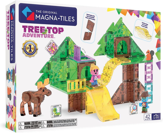 Tall magnetic tile treetop hideout with slide, leaf tiles and moose figure