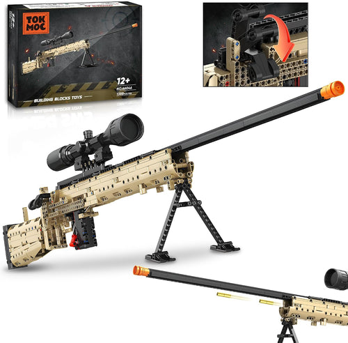 Large brick-built sniper blaster model on a display stand
