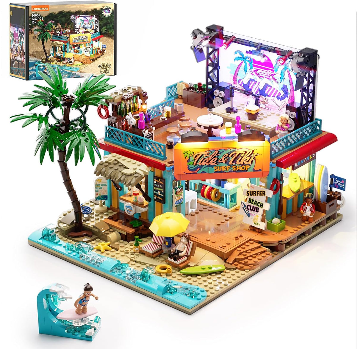 Brick-built beach surf shop with surfboards, figures and glowing LED lights