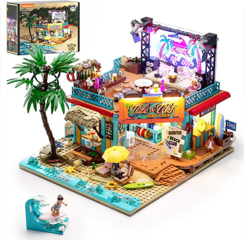 Brick-built beach surf shop with surfboards, figures and glowing LED lights