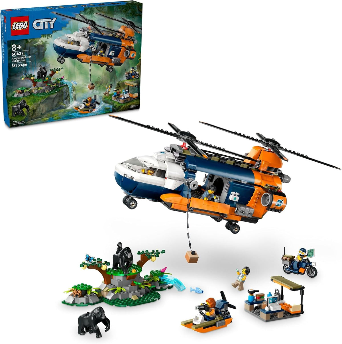 Brick-built twin-rotor helicopter over a jungle base camp with explorers and gorilla figures