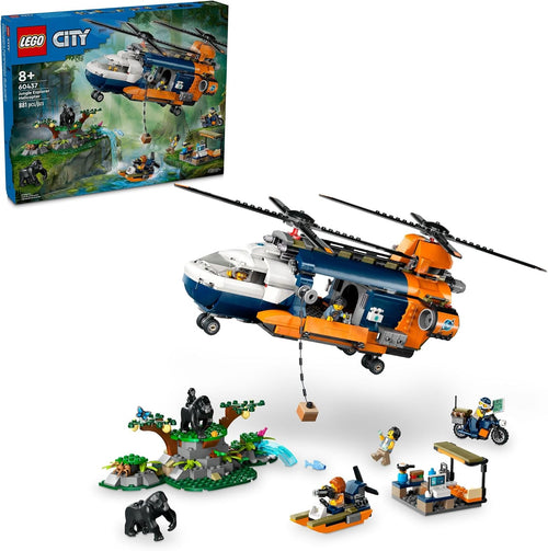 Brick-built twin-rotor helicopter over a jungle base camp with explorers and gorilla figures