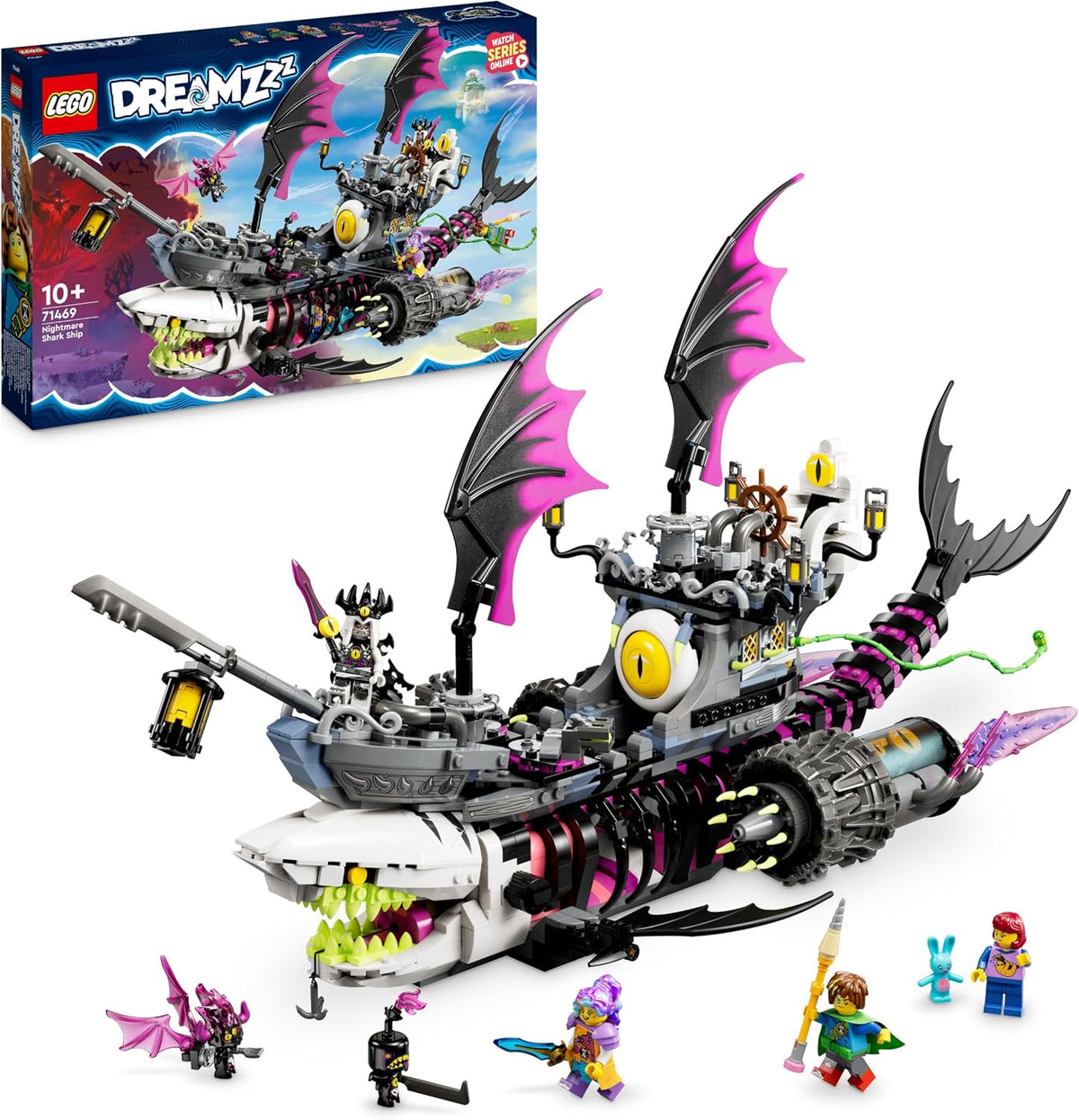 Brick-built shark-shaped pirate ship with open jaws and minifigures