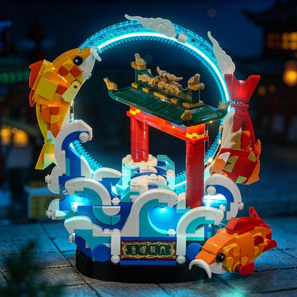 Brick-built leaping carp model lit by LED lights – view 2