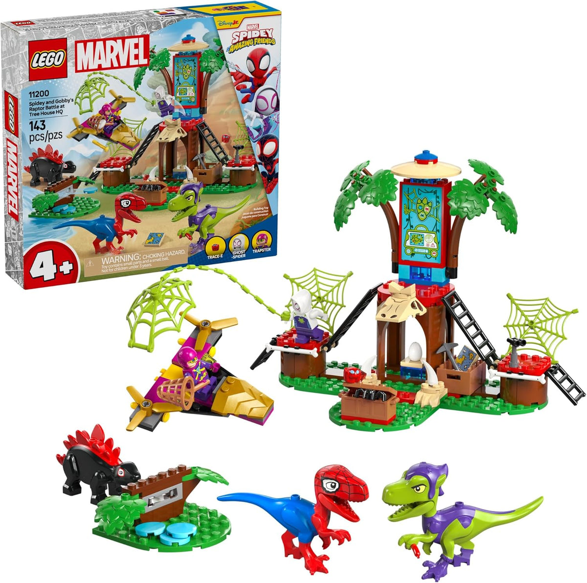 Brick tree house headquarters with raptor and stegosaurus figures