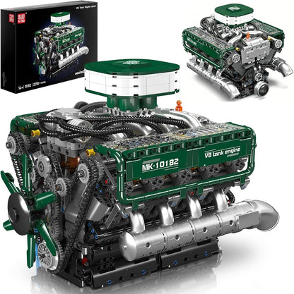 Assembled V8 tank engine brick model with motor and moving pistons