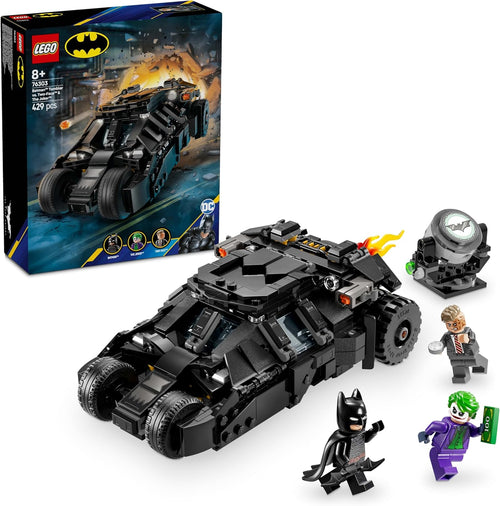 Brick-built armored patrol vehicle with a masked hero figure and spotlight tower