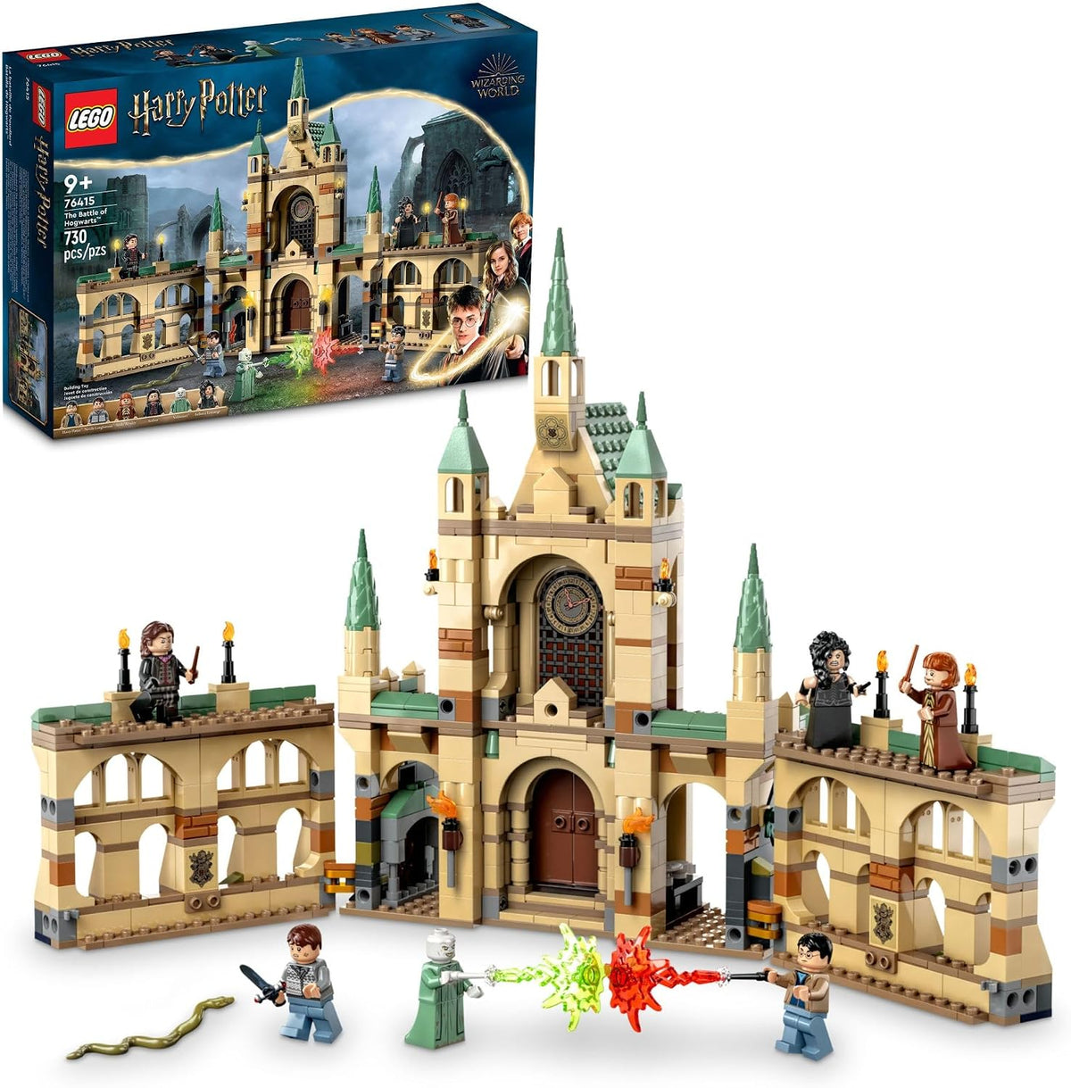 Brick wizard castle courtyard with stone walls and six figures in battle