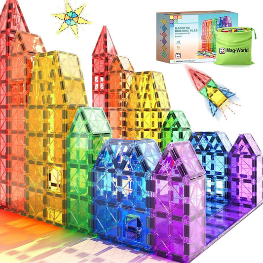 Rainbow magnetic tiles built into a tower beside a carrying bag