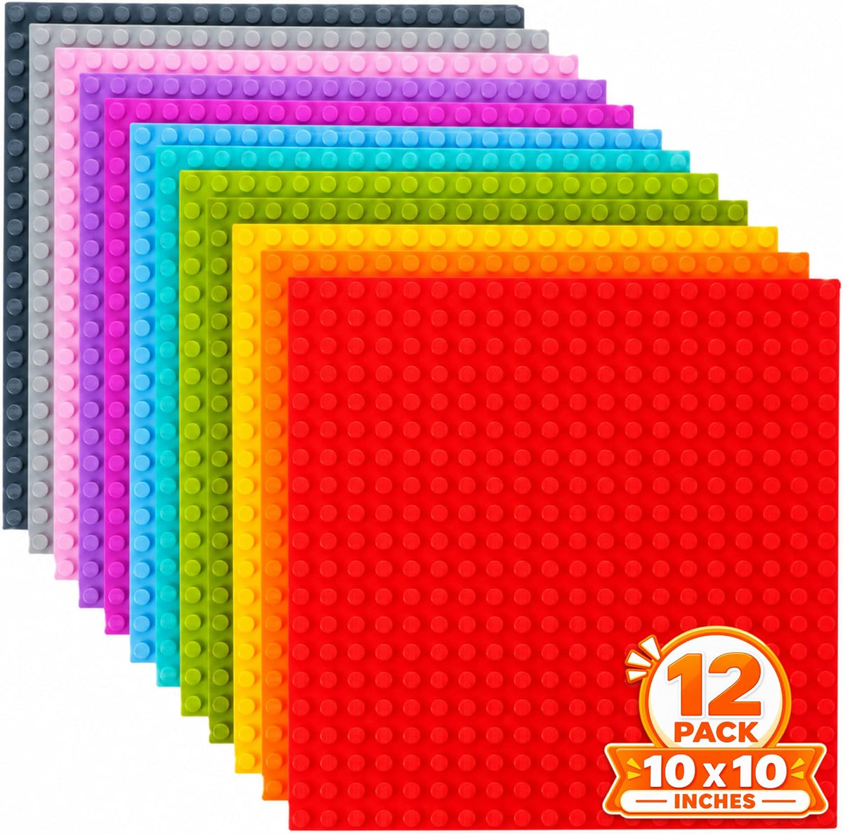 Stack of rainbow-colored 10x10 inch brick baseplates – view 2
