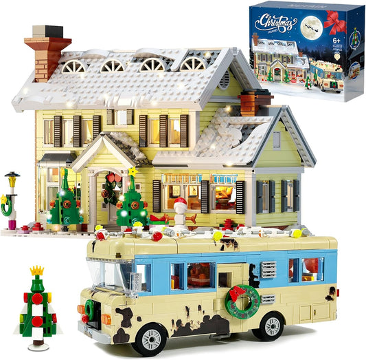 Brick-built snowy holiday house and camper RV lit with LED lights