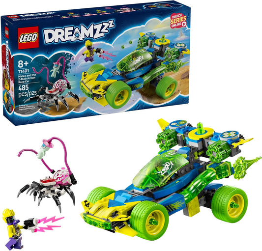 Brick-built off-road fantasy race car with stud shooters and hero minifigure