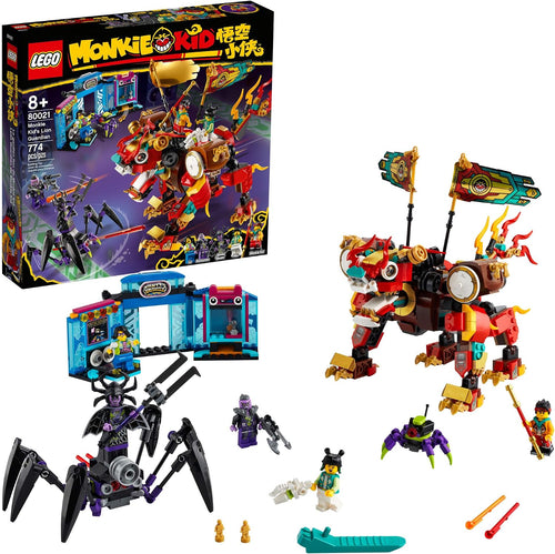 Brick-built golden lion mech facing an eight-legged battle rig with arcade machine