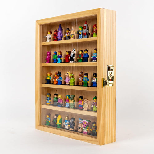 Natural pine wooden minifigure display cabinet with number lock