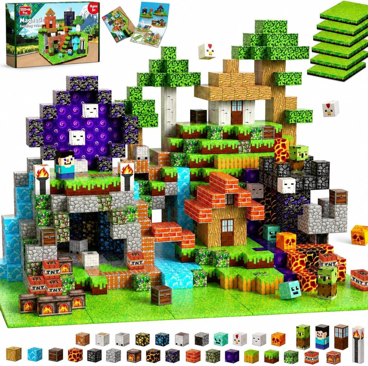 Magnetic cube forest castle with dinosaurs and a glowing orange volcano – view 4