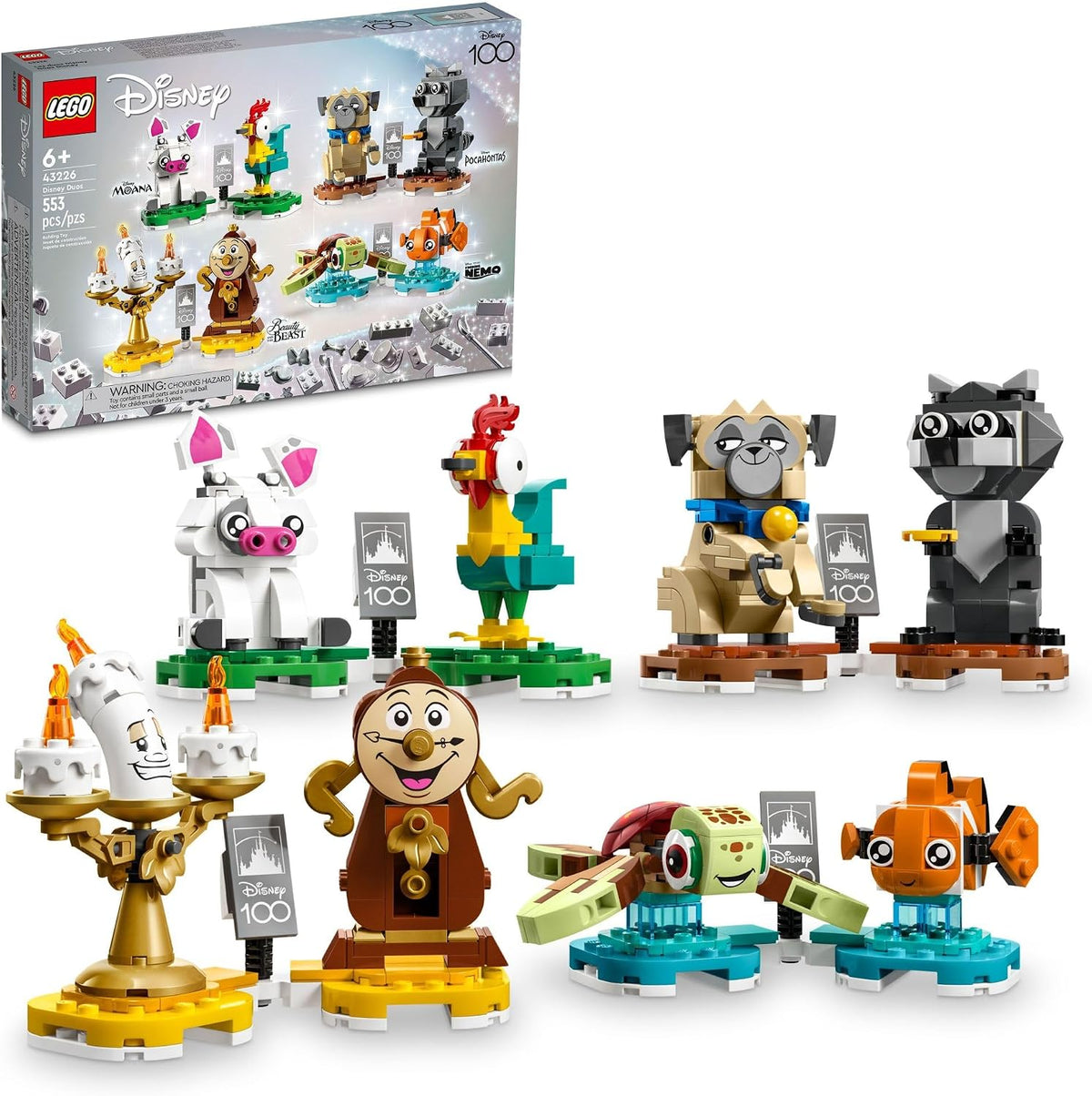 Eight small posable brick-built companion characters lined up in pairs
