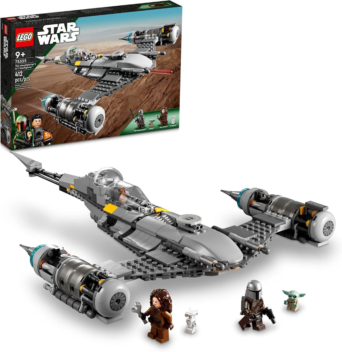 Silver brick-built starfighter with long engines beside a bounty hunter figure
