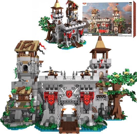 Folding medieval castle brick model with watchtower, armory and knight training area