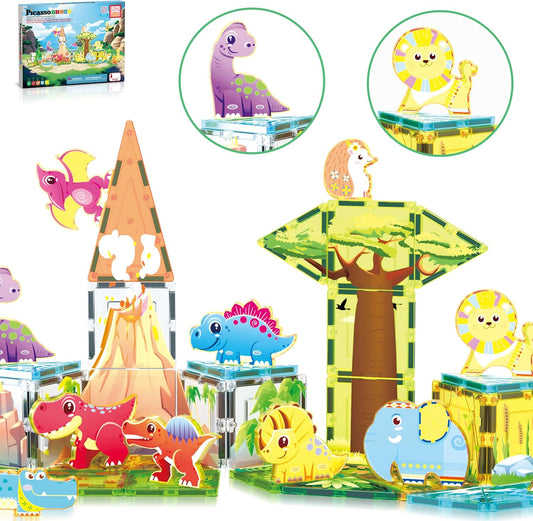 Colorful magnetic tiles built into an enclosure with safari animal figures
