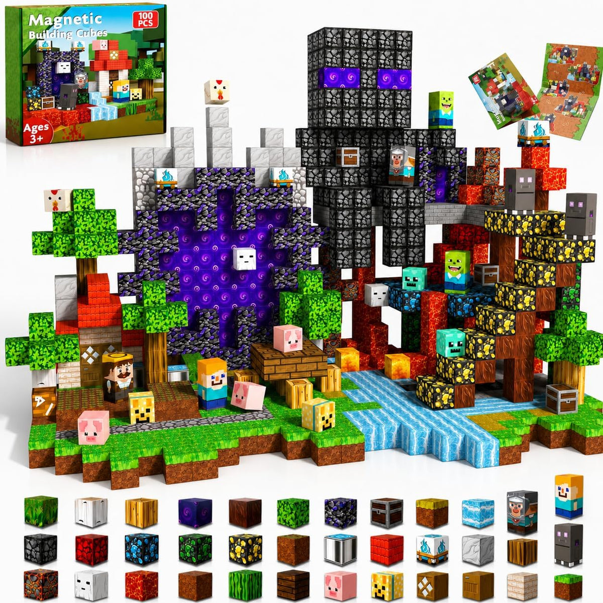 Magnetic cube forest castle with dinosaurs and a glowing orange volcano – view 10