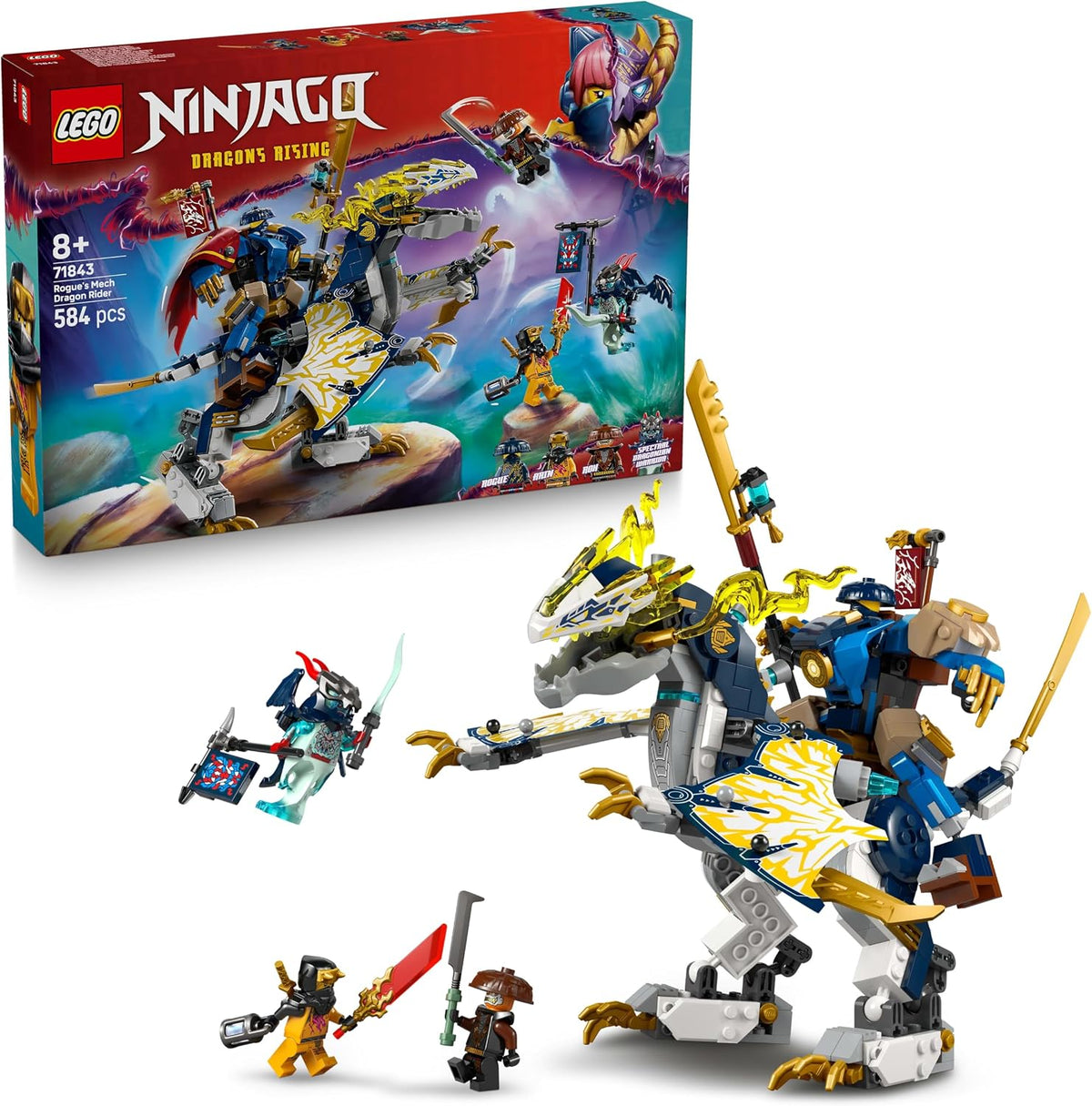 Gold and green brick dragon with spread wings, small temple and four minifigures – view 2