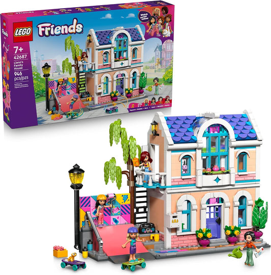 Colorful brick-built family house with balcony, garden, skate ramp and mini-doll figures