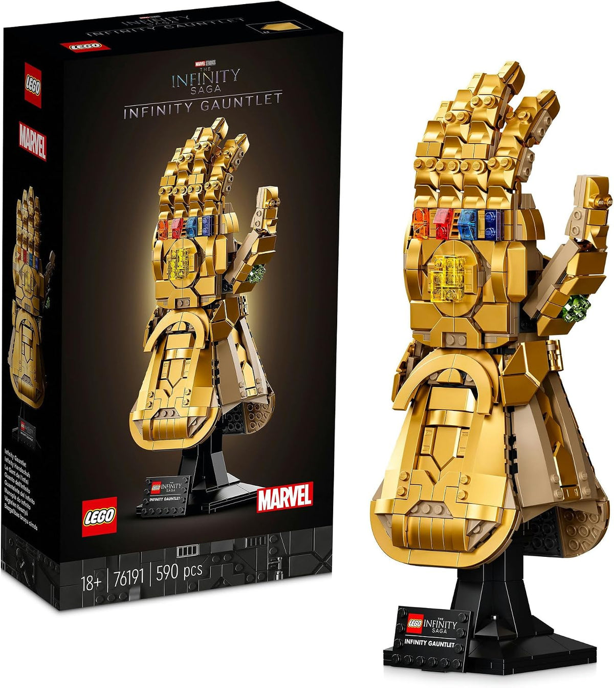 Golden brick gauntlet with colorful gems on a display stand