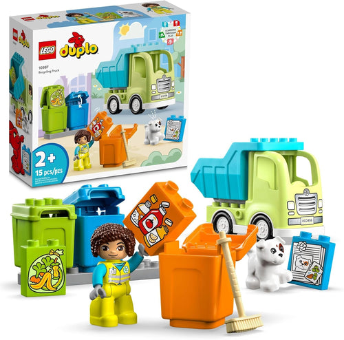 Large-brick recycling truck with three sorting bins and figures