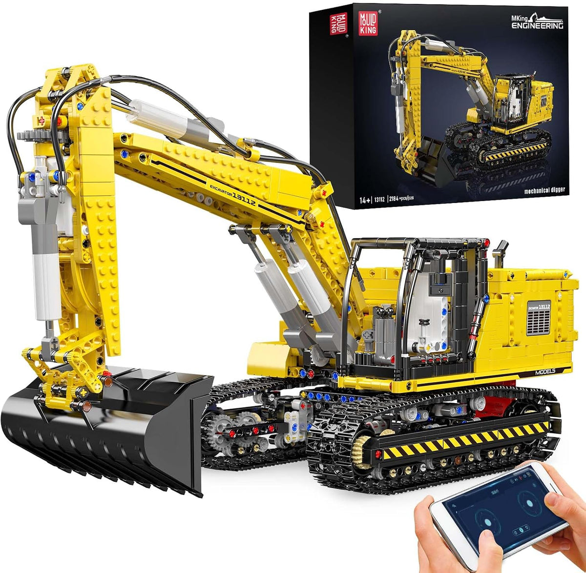 Brick-built yellow remote control excavator with raised shovel