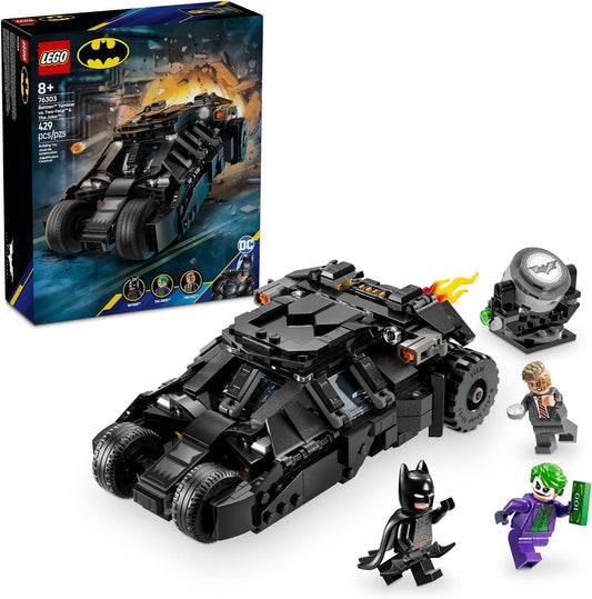 Black armored brick vehicle with orange exhaust flame and a masked hero figure