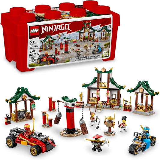 Brick storage box beside a brick-built ninja dojo, car and motorbike with figures